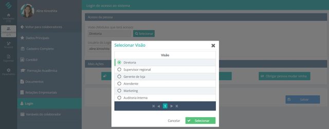 Seleção de visão no módulo de Segurança da SULTS, com os perfis Diretoria, Supervisor regional, Gerente de loja, Atendente, Marketing e Auditoria interna