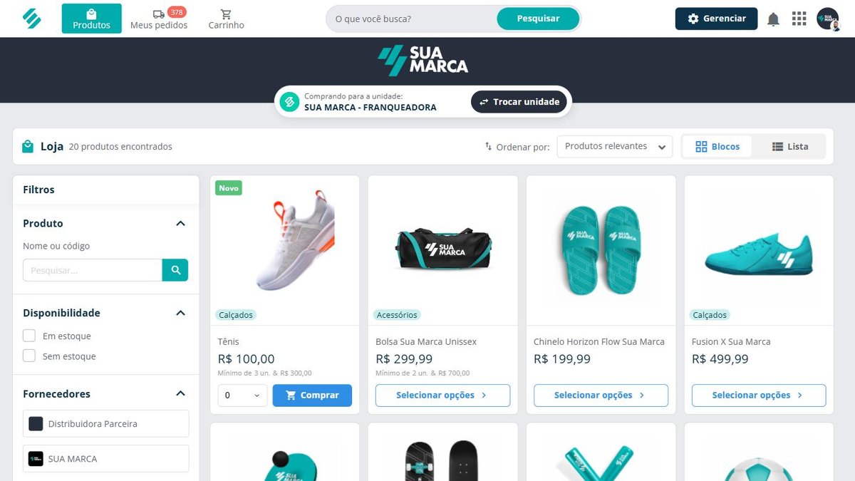 Detalhe da loja de Compras da SULTS: filtros por produto, disponibilidade em estoque e fornecedor