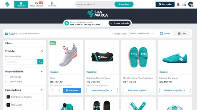 Loja de Compras da SULTS com o catálogo de produtos, o filtro por fornecedor e o pedido por unidade