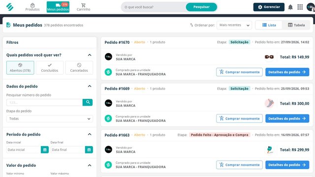 Meus pedidos no SULTS com 378 pedidos, a etapa de cada um, como Solicitação e Aprovação e Compra, o total e os botões Comprar novamente e Detalhes do pedido