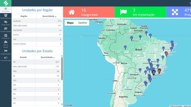 Mapa de unidades do SULTS com a distribuição das unidades por região e por estado