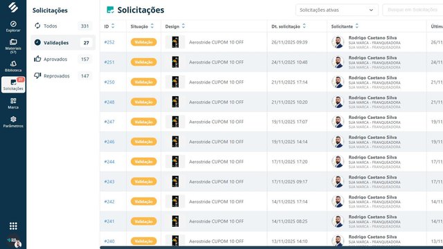 Fila de solicitações do módulo de Marketing da SULTS com as artes enviadas pelas unidades para validação da matriz