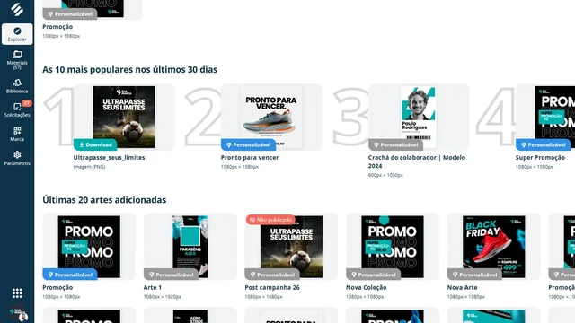 Biblioteca de artes do Marketing da SULTS com as peças mais populares e as últimas artes adicionadas