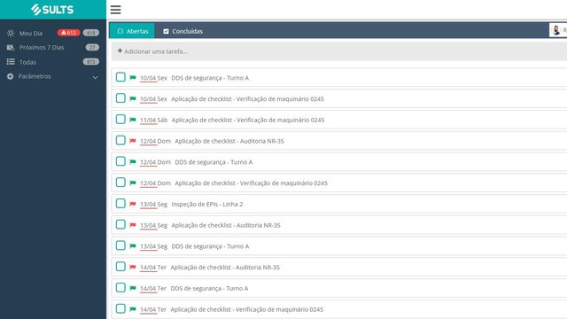 Lista de tarefas do SULTS com aplicações de checklist, inspeções e diálogos de segurança programados por data