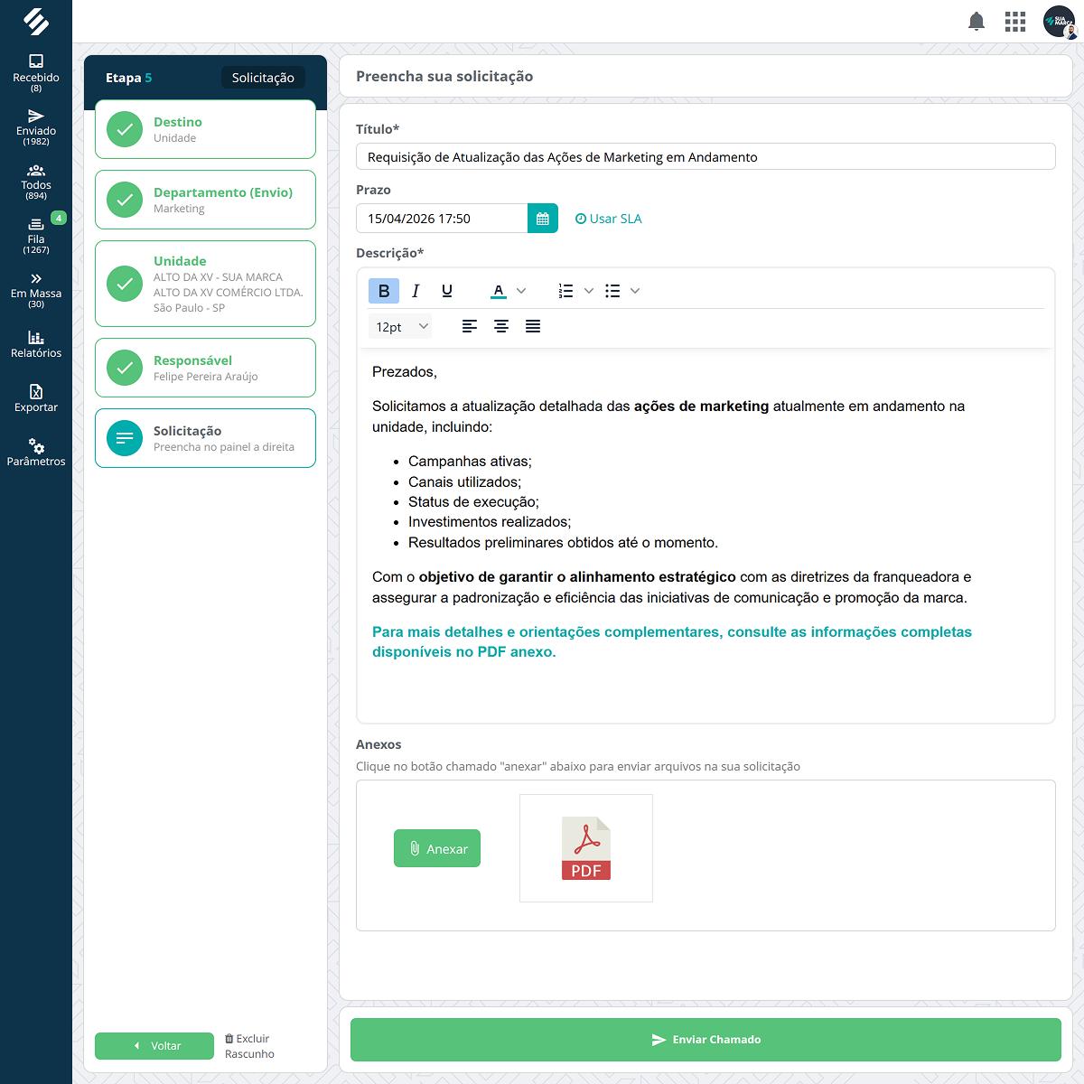 Tela de abertura de chamado no SULTS com formulário dinâmico, seleção de departamento, assunto e campos obrigatórios personalizados