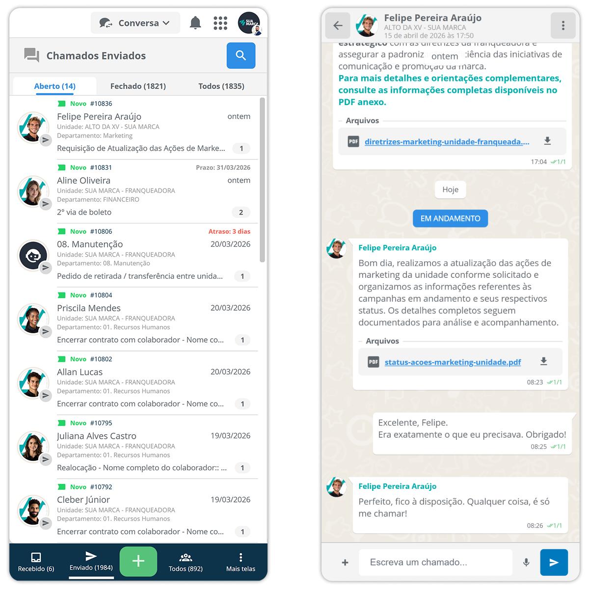 Timeline de chamado no SULTS com interações, mensagens internas, controle de SLA com dois relógios e avaliação de atendimento