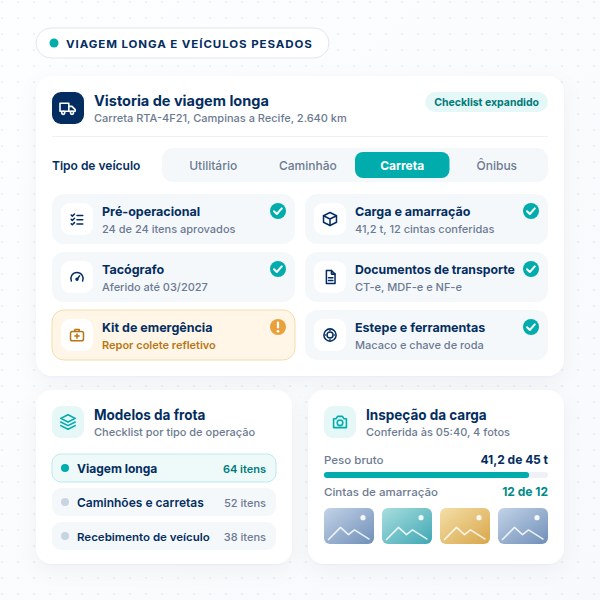 Checklist de viagem longa e veículos pesados no SULTS com inspeção de carga, tacógrafo e documentação especial