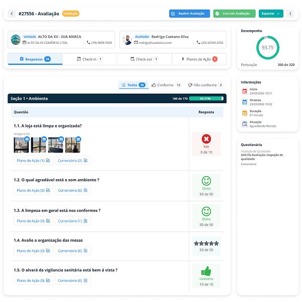 Avaliação concluída na versão web do Checklist da SULTS, com desempenho de 93,75%, respostas Sim e Não, escala, estrelas, conforme e fotos anexadas