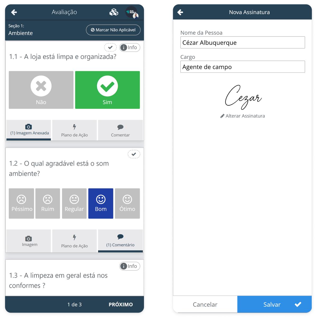App SULTS com inspeção de segurança do trabalho em campo mostrando check-in geolocalizado e evidência fotográfica de EPIs