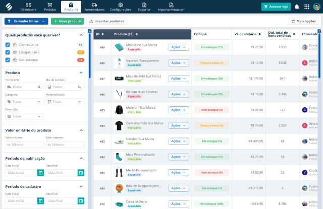 Lista de produtos no módulo de Compras da SULTS com situação de estoque, valor unitário, quantidade vendida e fornecedor de cada item, e botões para novo produto e importação