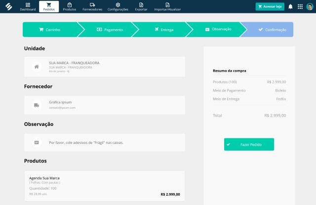 Confirmação do pedido no SULTS com as etapas carrinho, pagamento, entrega, observação e confirmação, a unidade, o fornecedor e o resumo da compra