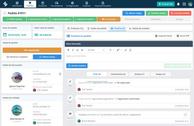 Pedido no SULTS com a barra de etapas até a entrega, valor total, dados do fornecedor e da unidade e a linha do tempo com mudanças de etapa e comentários