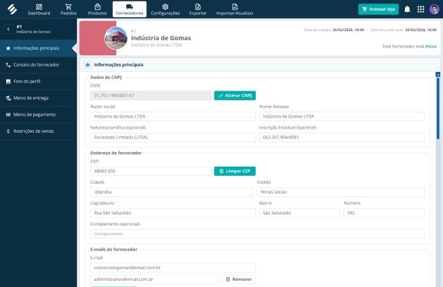 Perfil do fornecedor Indústria de Gomas no SULTS com dados do CNPJ, endereço e e-mails e o menu com contato, meios de entrega, meios de pagamento e restrições de venda