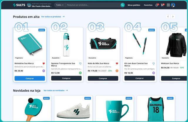 Loja interna do módulo de Compras da SULTS com a unidade compradora no topo, busca de produtos e vitrine de produtos em alta com preço e botão de compra