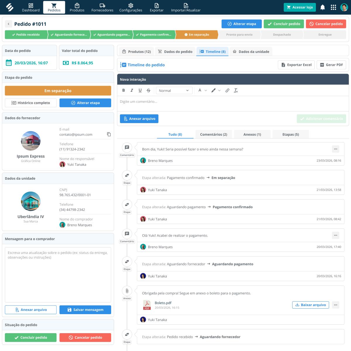 Painel de interação pós-pedido no SULTS Compras com timeline de status, chat entre comprador e fornecedor e push notifications