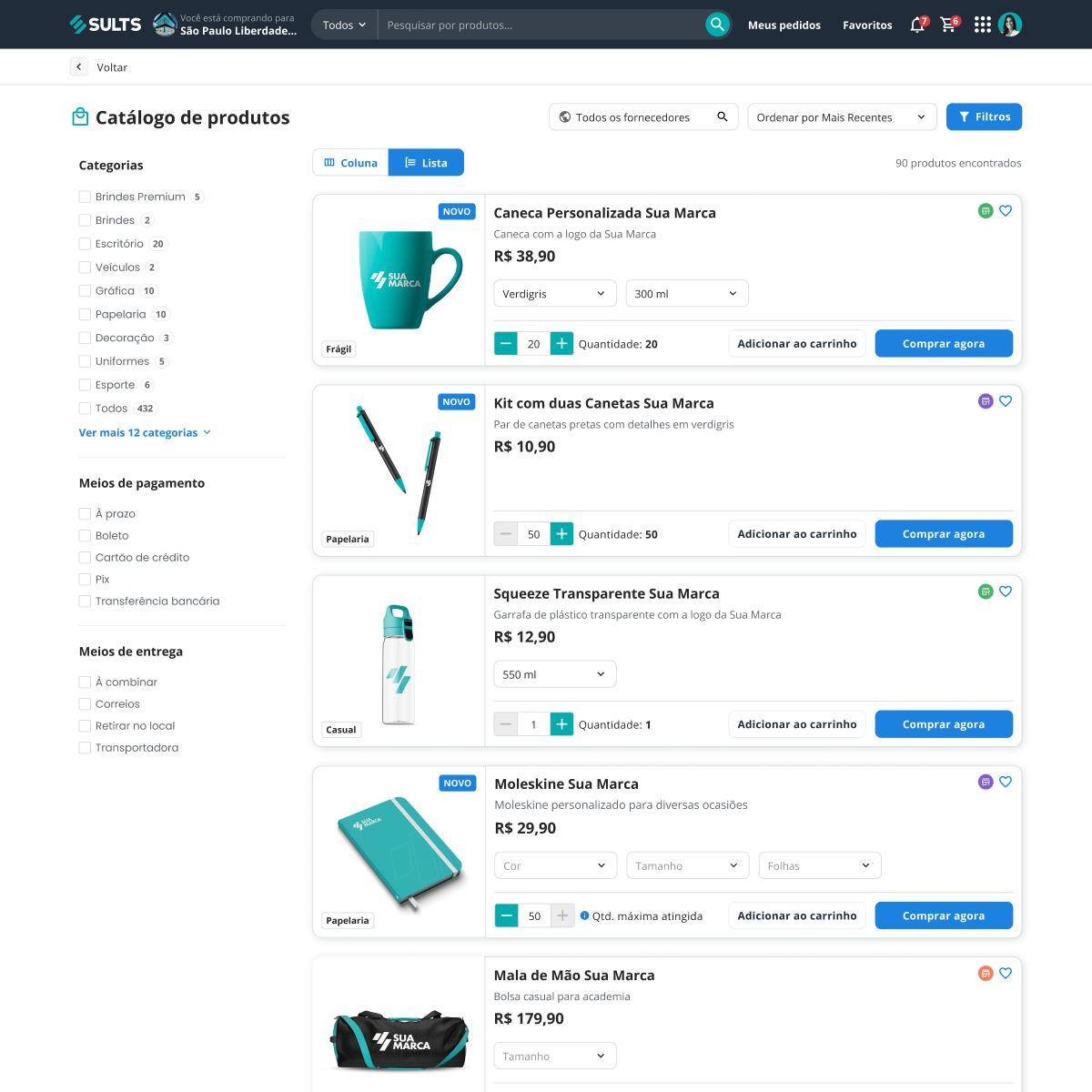 Tela de cadastro de produto no SULTS Compras com variações ilimitadas, preço por customização e regras de quantidade mínima e máxima