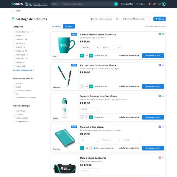 Catálogo de produtos do SULTS em lista, com filtros por categoria, meio de pagamento e meio de entrega, variação de cor e tamanho e o campo de quantidade de cada item, com aviso de quantidade máxima atingida