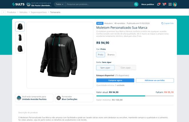 Página de produto na loja da SULTS com fotos, preço, variações de cor e estilo, estoque disponível, quantidade mínima e barra do valor mínimo do pedido