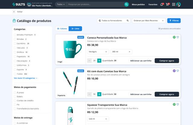 Catálogo de produtos na loja da SULTS com categorias, filtros por meio de pagamento e de entrega e cada produto com a variação escolhida, a quantidade e os botões Adicionar ao carrinho e Comprar agora