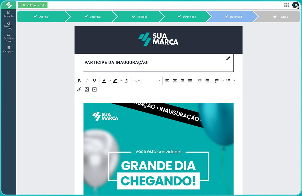 Painel de comunicados da SULTS com lista de mensagens enviadas, taxa de leitura por loja, data de publicação e status de confirmação