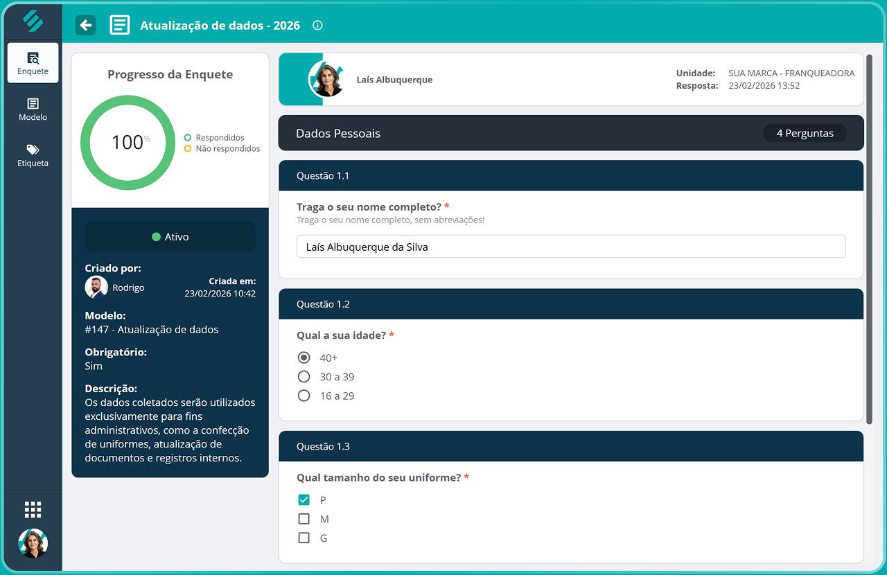 Enquete e pesquisa interna com formulários, bloqueio de tela e relatórios visuais
