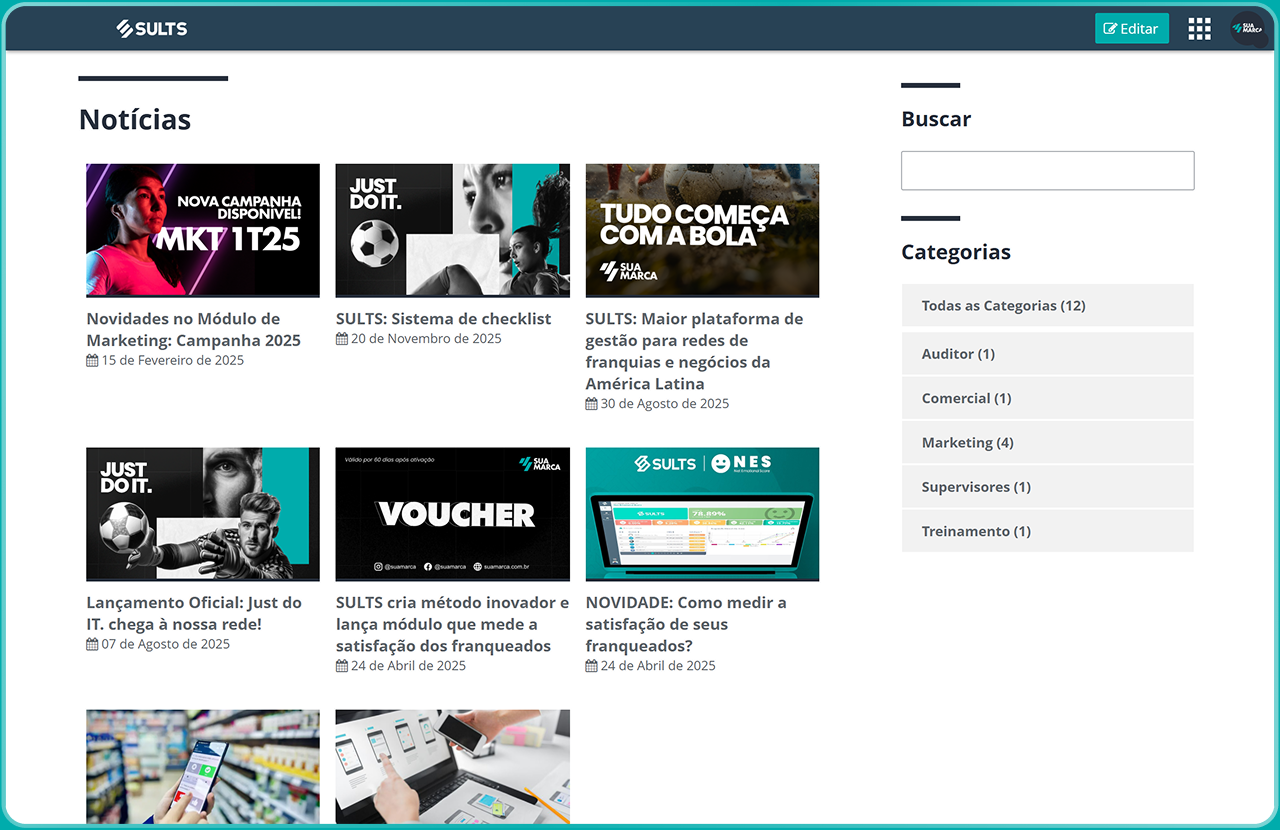 Tela de pedido de compras com catálogo de itens aprovados, quantidade por área, valor total e status de aprovação hierárquica