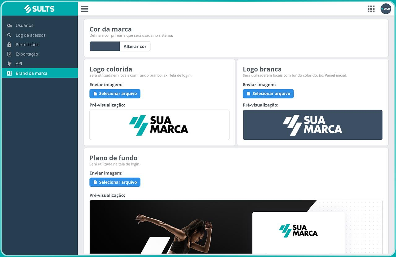 Usuários, log de acessos, permissões e API no módulo de Segurança Painel do módulo de Segurança da SULTS com o menu Usuários, Log de acessos, Permissões, Exportação, API e Brand da marca, aberto na tela de identidade visual da rede