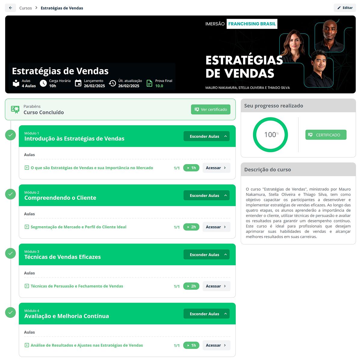 Avaliações com reprovação obrigatória e certificados automáticos na SULTS Tela de avaliação da SULTS com prova por módulo, nota mínima, progresso 100% e botão de emissão de certificado