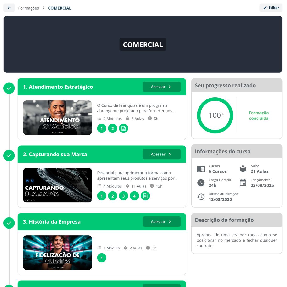 Organize cursos em formações progressivas com intervalo entre etapas Tela de formações da SULTS com sequência de cursos, barra de progresso e intervalo configurável entre etapas