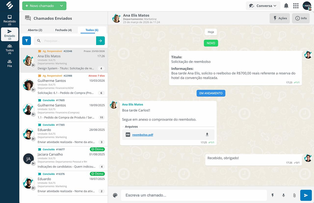Tela de conversa do módulo de Chamados com lista de tickets, chat em tempo real, envio de anexos e status de andamento por loja